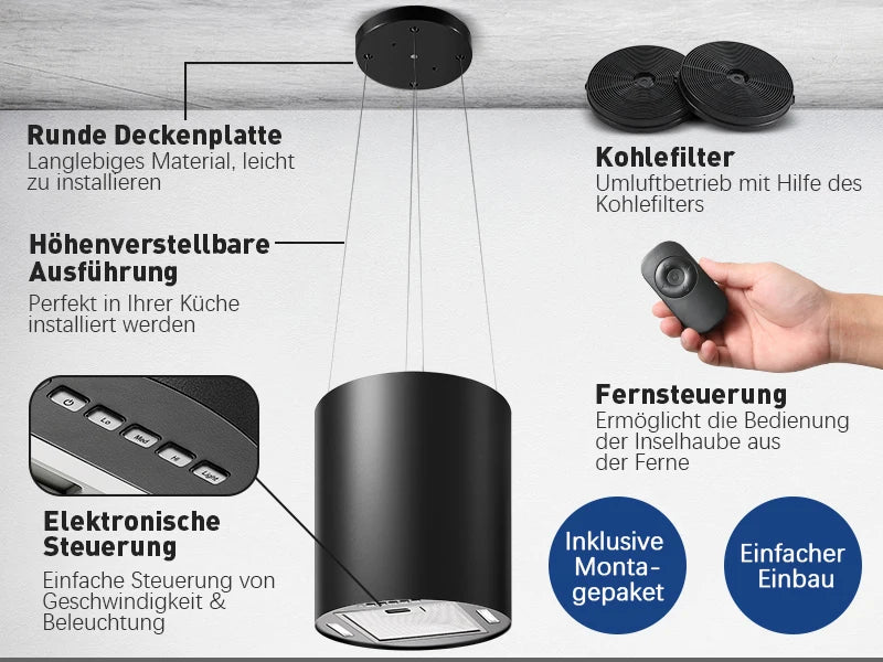 Island Hood 700/800m³/h, A+ Energy, 5-Layer Filter, LED, Ductless, Black, CE, Push Button