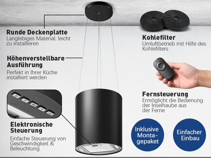 Island Hood 700/800m³/h, A+ Energy, 5-Layer Filter, LED, Ductless, Black, CE, Push Button