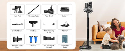 Cordless Vacuum Cleaner, 55Kpa/55Mins Vacuum Cleaners for Home, Anti-tangle Stick Vacuum with Self-Standing, Wall Mount Charging