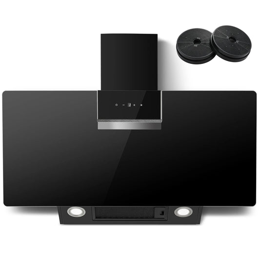 90cm Wall Mounted Cooker Hood 800m³/h A+++ LED Touch Control, Black Glass - Recirculation/Exhaust Option