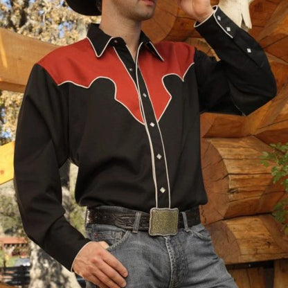 2024 Men's Long Sleeve Western Denim Shirt, Outdoor Casual Party, HD Pattern, Soft and Comfortable Button Lapel T-shir