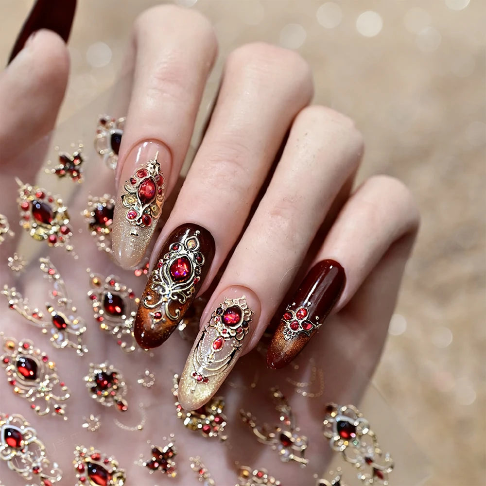 5D Embossed Emerald Gemstones Nail Art Stickers Luxury Golden Frame Baroque Flower Nail Decals Green Rhinestones Nail Supplies