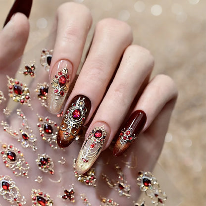 5D Embossed Emerald Gemstones Nail Art Stickers Luxury Golden Frame Baroque Flower Nail Decals Green Rhinestones Nail Supplies