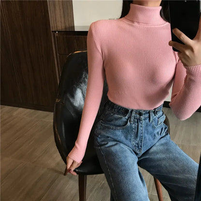 2026 Autumn Winter Sweater Women Knitted Ribbed Pullover Sweater Long Sleeve Turtleneck Slim Jumper Soft Warm Pull Femme