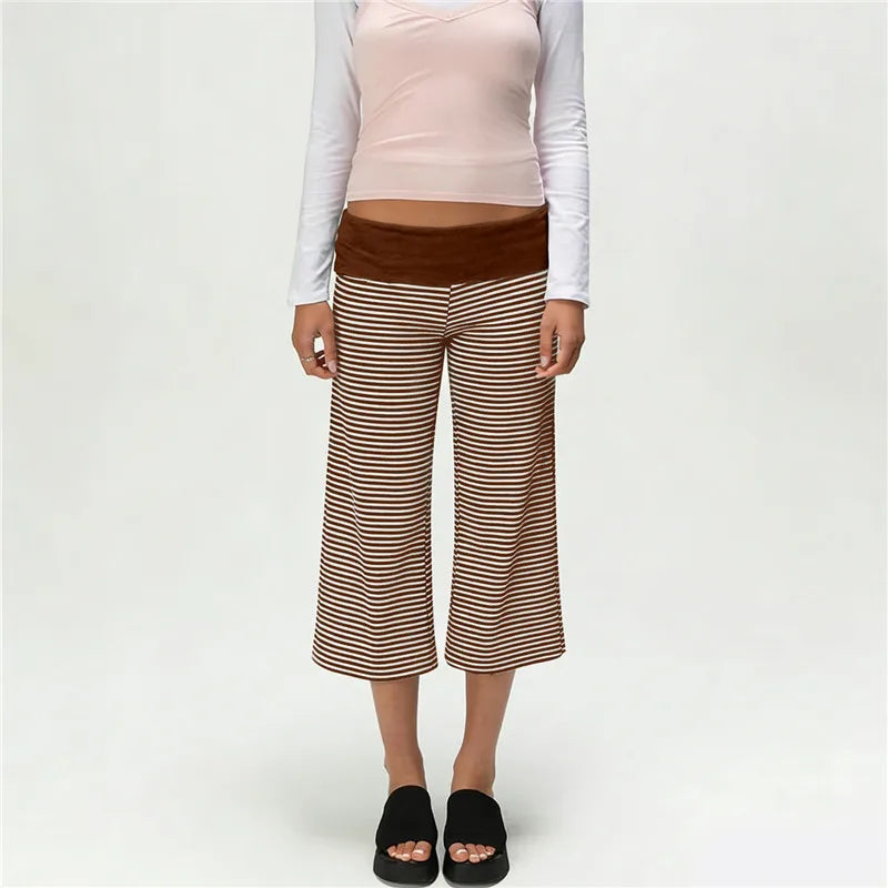 Women Fold Over Waist Gaucho Pants Low Rise Cropped Wide Leg Capri Pants Summer Foldover Culottes Yoga Pants Pajama Bottoms