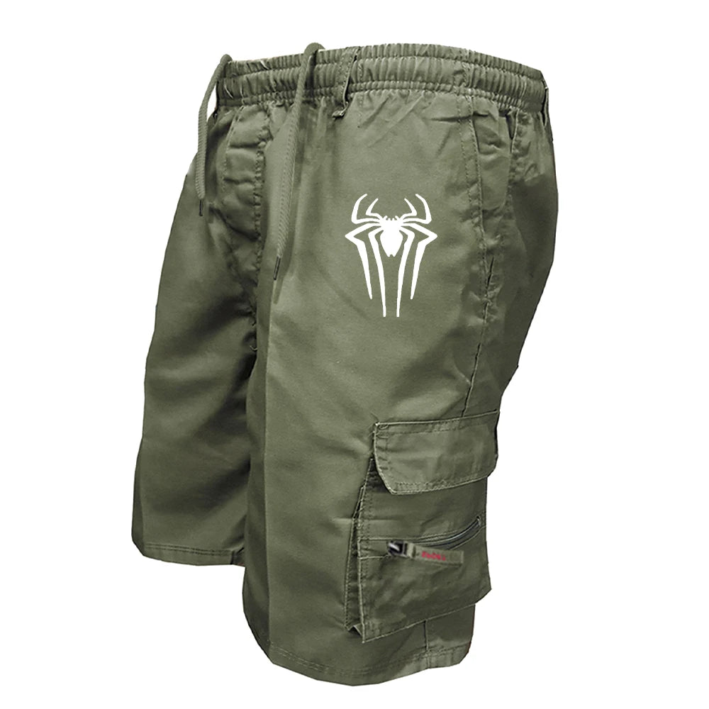 Men's Spider Print Cargo Shorts Male Outdoor Overalls Elastic Waist Cycling Shorts Multi-pockets Loose Work Beach Sports Shorts