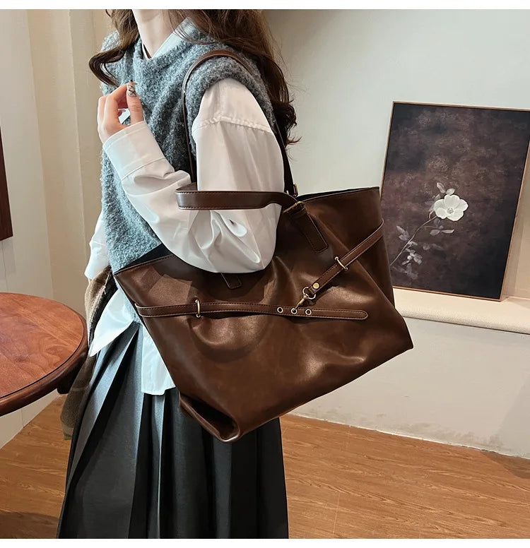 Tote Bag Designer Retro PU Leather Shoulder Handbag for Women Winter Trend Y2K Fashion Handbags Females Travel Luxury Tote Bags
