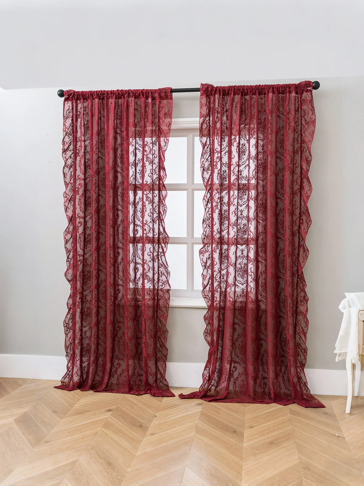 Vintage Burgundy Lace Sheer Curtains, Rod Pocket Ruffled Lace Window Curtains for Living Room Bedroom