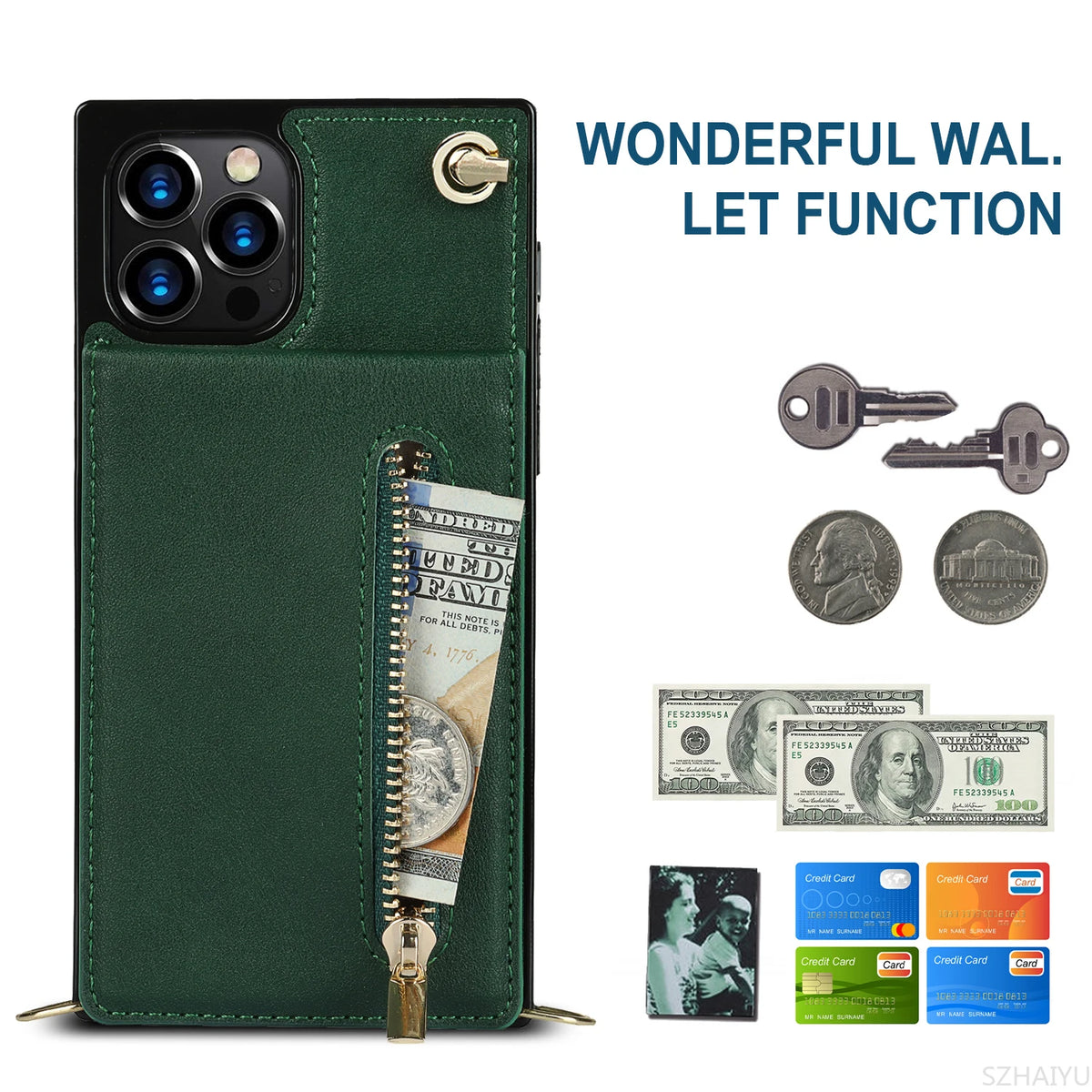 Zipper Wallet for IPhone 17 Air 16 16E 15 14 13 12 11 Pro Max Plus Case with Card Holder Lanyard Strap Crossbody Leather Cover