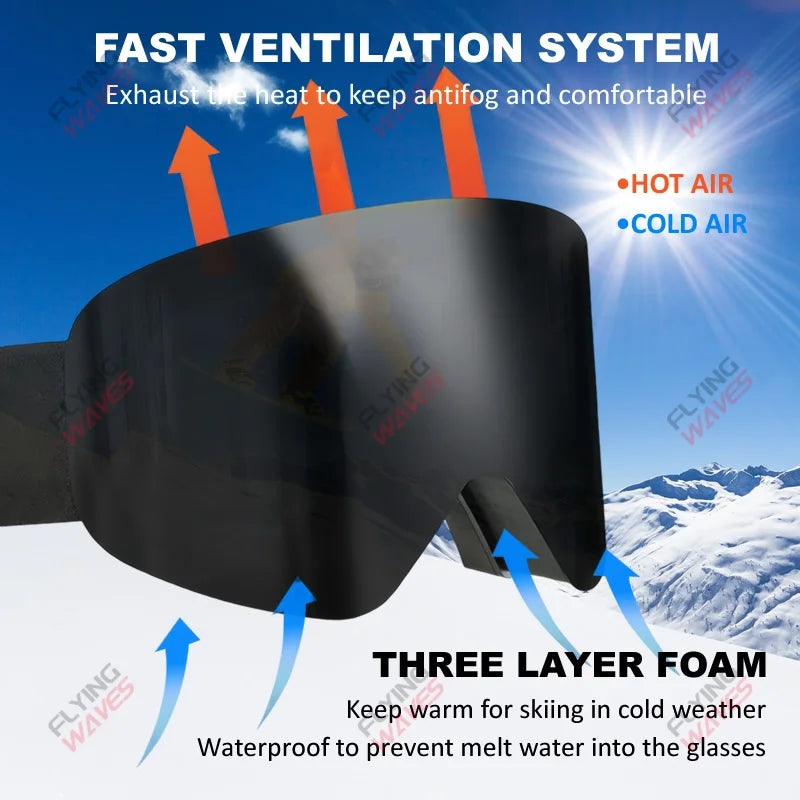 Professional Ski Goggles Adult Frameless Snow Goggles 100% UV400 Anti-Fog Magnetic Replaceable Lenses Snowboard Goggles