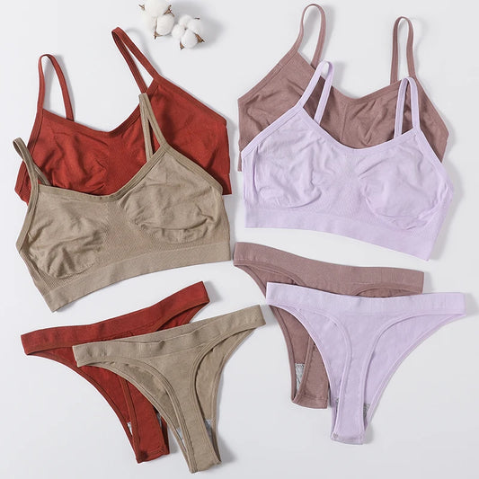 Women Seamless Bra And Panties Set Wire Free Bralette High Leg Cut Thongs Comfort Ribbed Unlined Underwear Sexy Lingerie Set