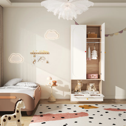 80x50x200cm Kids Wardrobe with Hanging Rod Integrated Cat Bed Design Lacquered Board and Particle Board with Colorful Ceramic Handles White and Natural Wood Color Multifunctional Storage Cabinet Suitable for Bedroom Home Furn