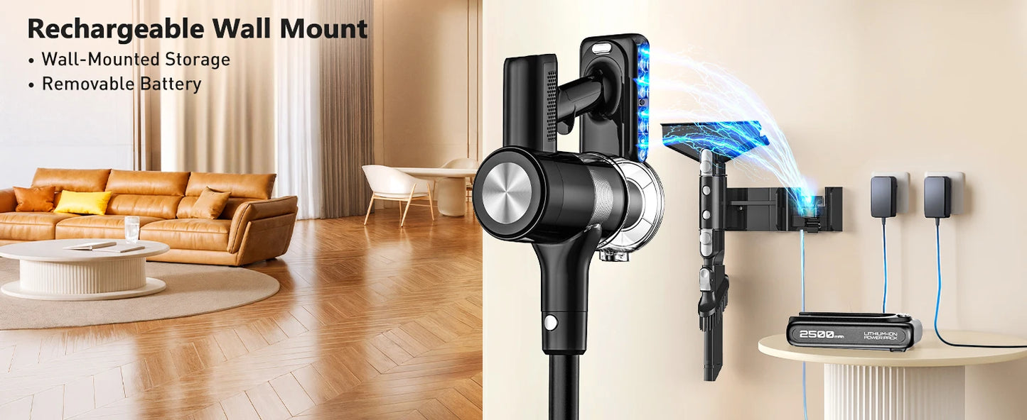 Cordless Vacuum Cleaner, 55Kpa/55Mins Vacuum Cleaners for Home, Anti-tangle Stick Vacuum with Self-Standing, Wall Mount Charging