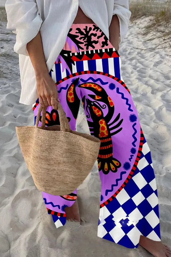 2025 Summer Womens New Casual Women's Trousers Loose Wide-leg Pants Marine Print Casual Wide-leg Beach Vacation Women's Trousers