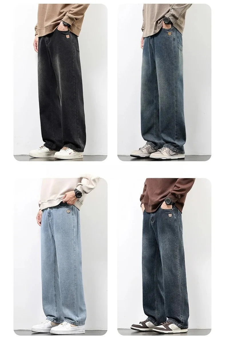 Spring Autumn American Retro Straight Jeans Men Streetwear Korean Fashion Loose Baggy Wide Leg Denim Pants Male Casual Trousers