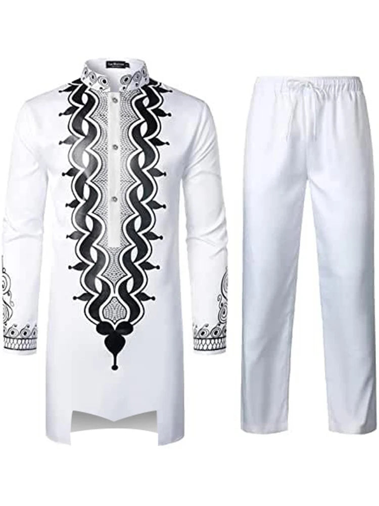 Muslim Robe Pattern Printing Black White Yellow Navy Blue Long-Sleeved Trousers The Traditional Dress of Arab Men 3D