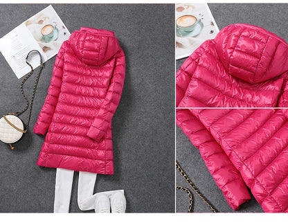 Women Ultra Light Long Down Jacket Coats Autumn Winter Loose Long Sleeve Zip Up Loose Korean Hooded Detachable Tops Outwear