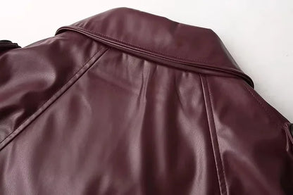 Vintage Lapel Leather Biker Jacket Women Bomber Jacket Short Coat Streetwear Zip Long Sleeve Windproof Outerwear Black Wine Red