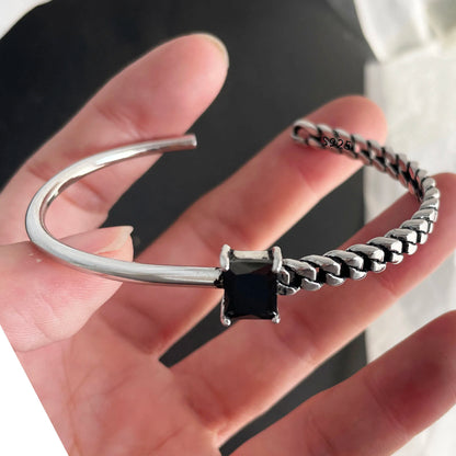 100% Solid 925 Sterling Silver Metal Bracelet for Women Vintage Handmade Simple Retro Black Stone Bracelet Birthday Gift Party