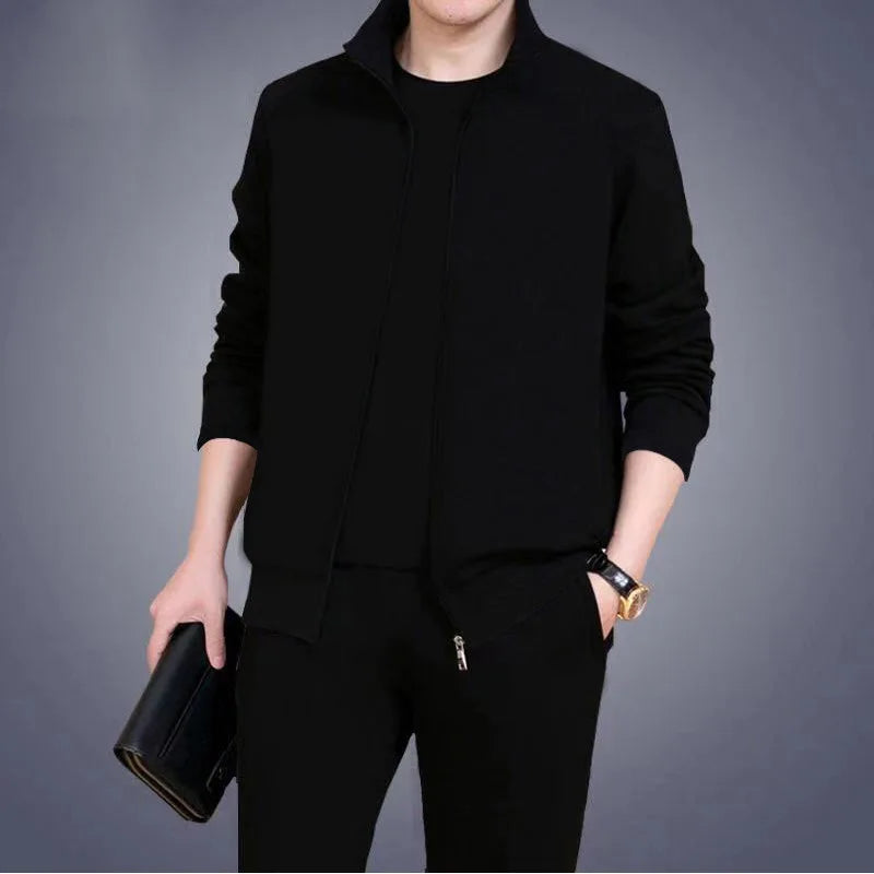 Middle aged and elderly men's two-piece casual wear and sportswear set, long sleeved set, public edition solid color cardigan to