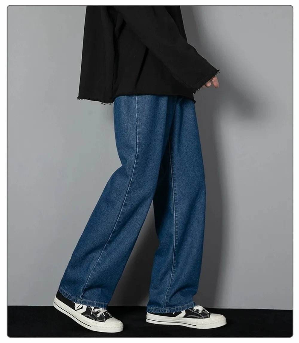 Korean Solid Colors Men's Casual Long Jeans Classic Man Four Seasons Straight Denim Wide-leg Pants Light Blue Grey Black 3XL