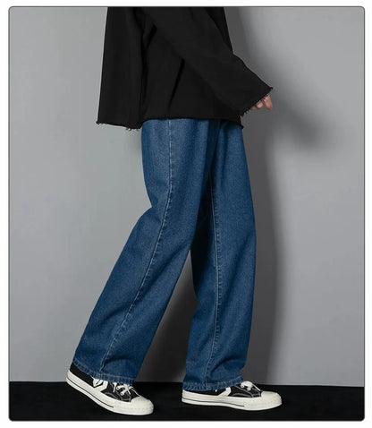 Korean Solid Colors Men's Casual Long Jeans Classic Man Four Seasons Straight Denim Wide-leg Pants Light Blue Grey Black 3XL