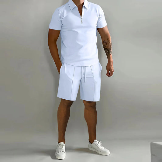Cross border Amazon Men's Set 2025 Autumn New Men's Polo Casual Loose Short sleeved Shorts Sports Set