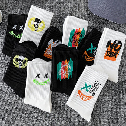 5/10 Pairs of High-Quality Couple's Fashionable Sports Socks With Graffiti Patterns Soft and Comfortable Men's Oversized Socks