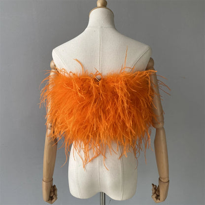 Jaxmonoy New Women Ostrich Feather Tube Spring Summer Sexy Stretch Top Bra Lady Party Wedding Fashion Sleeveless Cropped Top