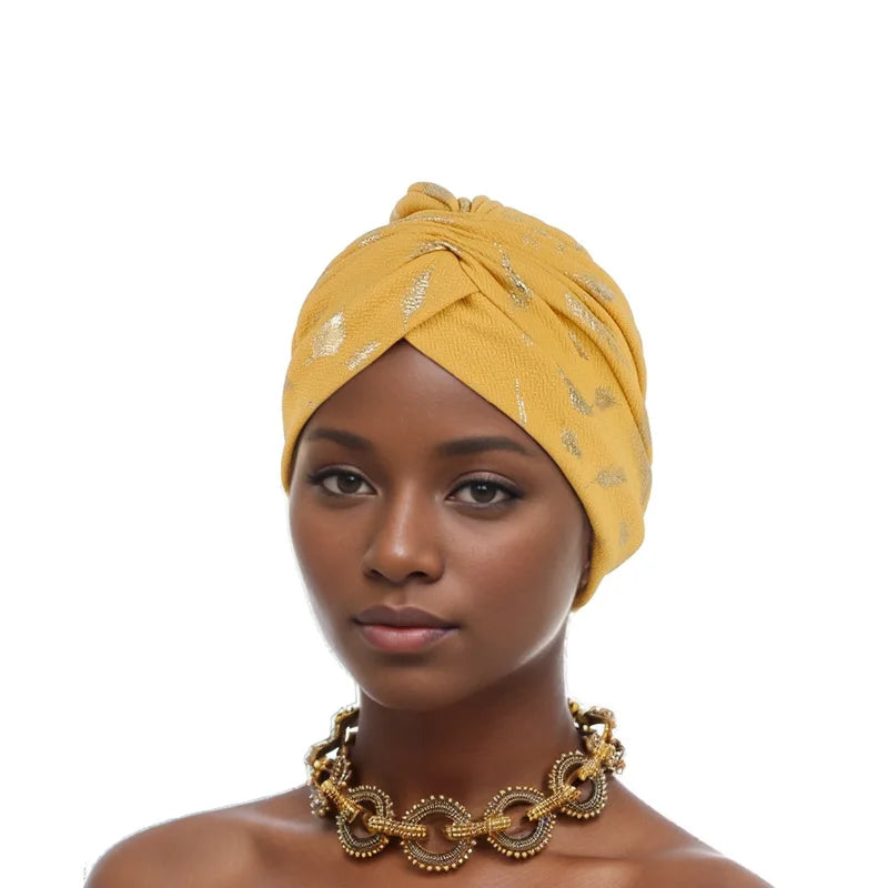 Feather Gold Stamping Fabric Turban Cap for Women African Wrap Head Bonnet Muslim Under Scarf Hat Turbante Mujer