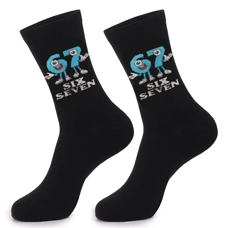 Cross Border New Arrival 67 Cartoon Number Socks Funny Letter Mens Mid Calf Socks