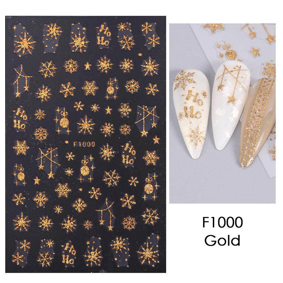 1PCS New Christmas Decorations 2023 New Year Nail Stickers Press on Nails Laser Snowflake Christmas Tree 3D Nail Decal