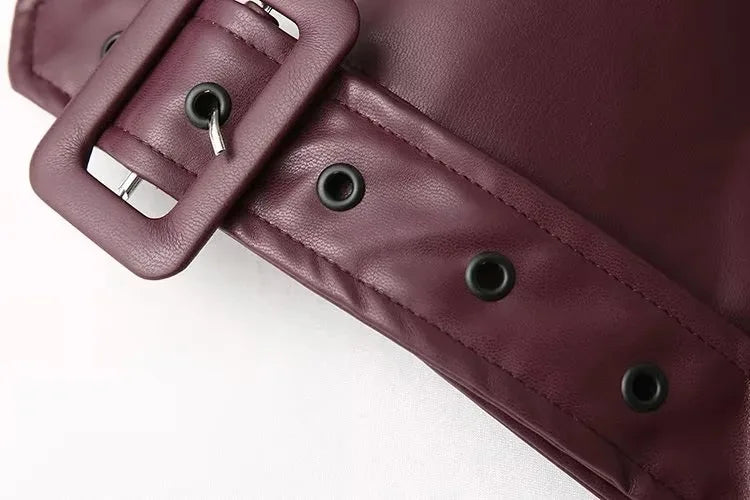 Vintage Lapel Leather Biker Jacket Women Bomber Jacket Short Coat Streetwear Zip Long Sleeve Windproof Outerwear Black Wine Red
