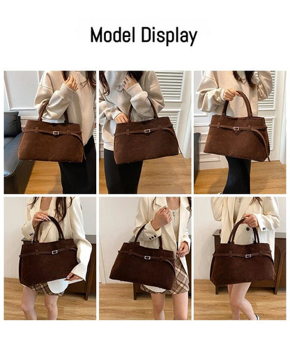 Vintage Satin-Leather Tote Bag – Casual Style with Buckle Closure, Large Capacity for Commuting & Everyday Shoulder Carry