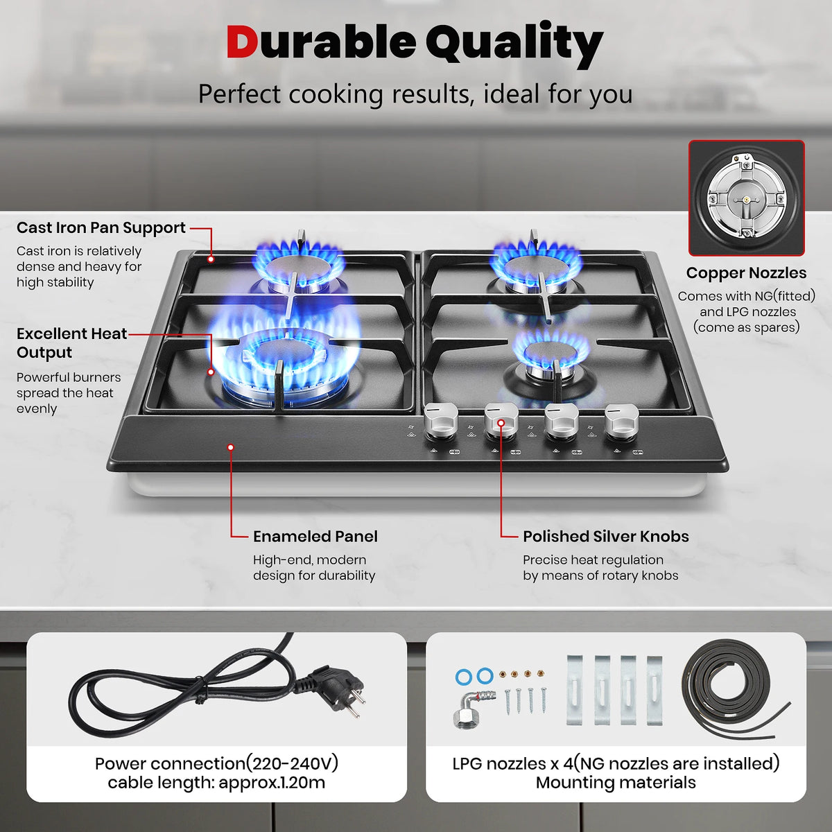 4 Burners Black Enamelled Plate 58 cm Automatic Flame Protection, Natural Gas and Propane Gas, Built-in Gas Hob