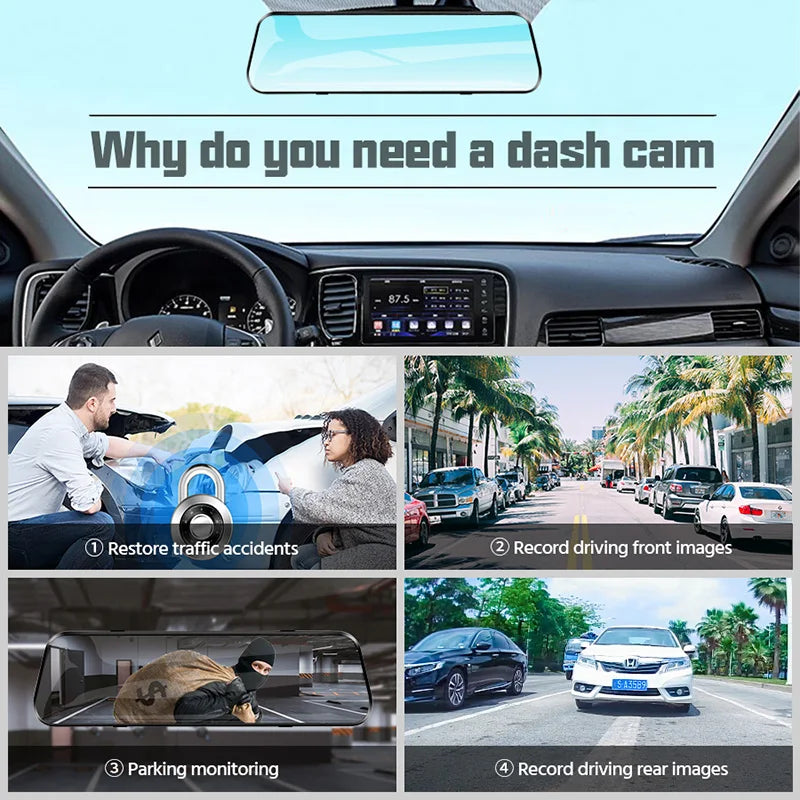 10 Inch Car DVR Car Touch Screen Video Recorder Dual 1080P Rearview Mirror Front and Rear HD Night Vision Camera Mirror