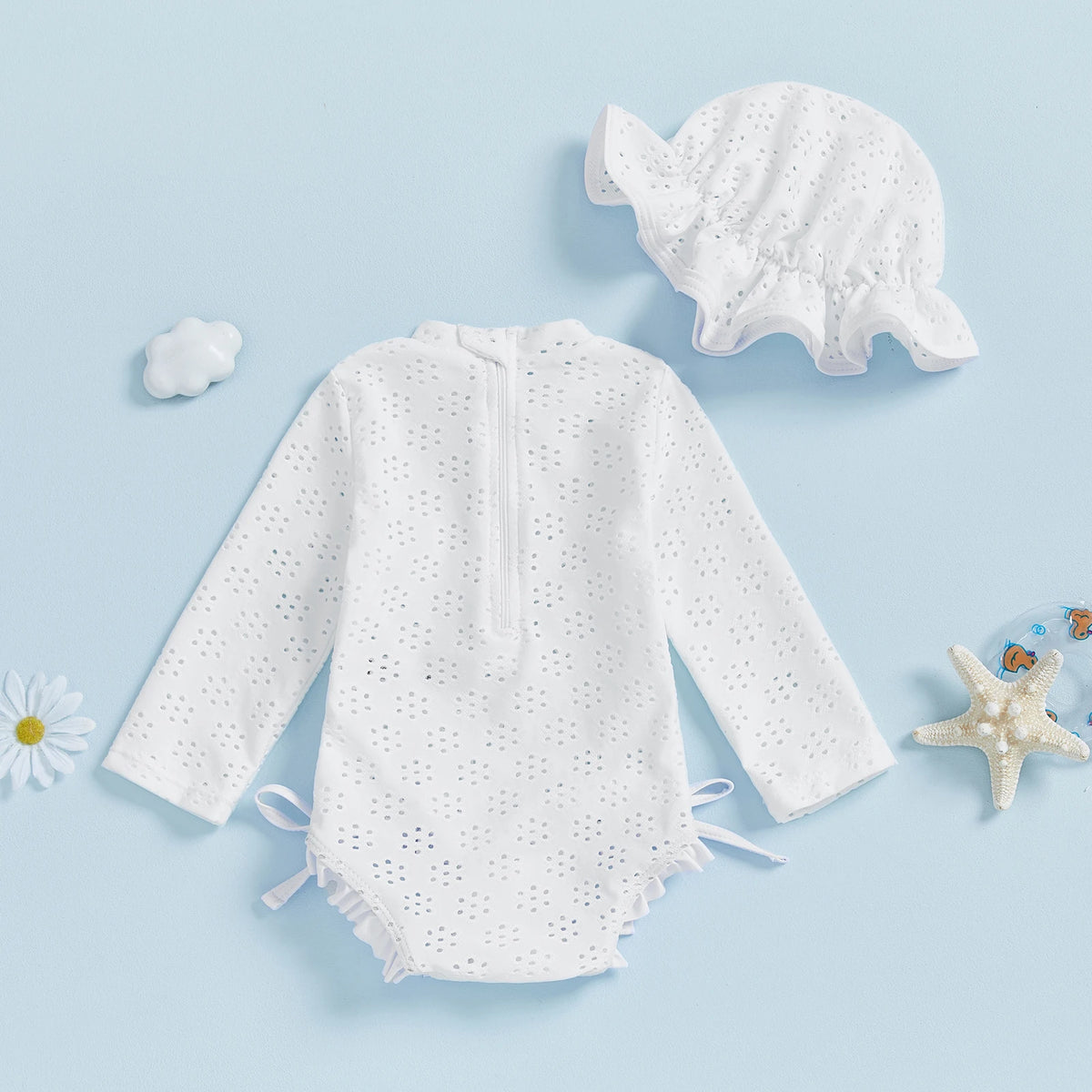 Infant Baby Girl Eyelet Swimsuit with Swimming Hat Toddler 2 Pcs Set Long Sleeve Round Neck Ruffled Romper Kids Bathing Suit