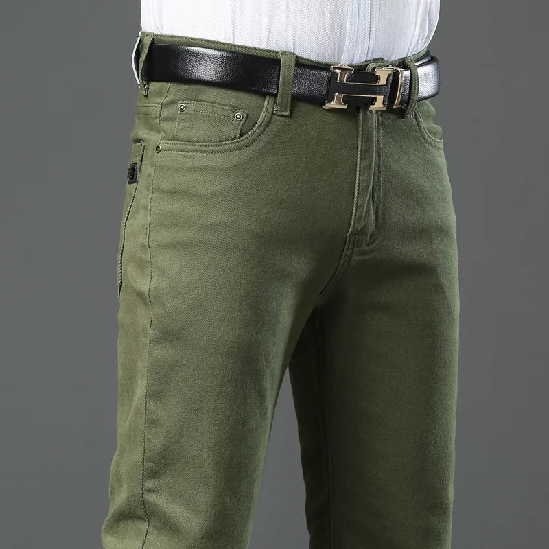 Autumn 96% Cotton Men's Stretch Slim Jeans Army Green Soft Comfortable Casual Straight Denim Pants Trousers Large Size 42