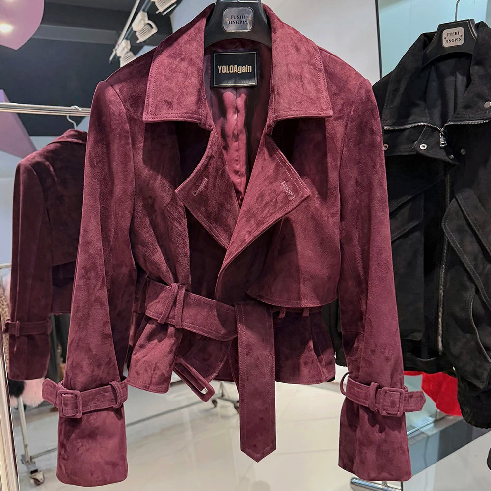 YOLOAgain 2025 Autumn Elegant Real Leather Jacket Coat Women Oversized Leather Jacket With Belt