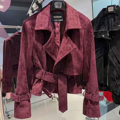 YOLOAgain 2025 Autumn Elegant Real Leather Jacket Coat Women Oversized Leather Jacket With Belt