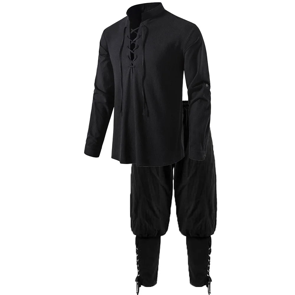 2Pcs Men's Medieval Knight Costume Set Renaissance Cosplay Pirate Shirts Ankle Banded Pants For Halloween Cotton Linen Fabric