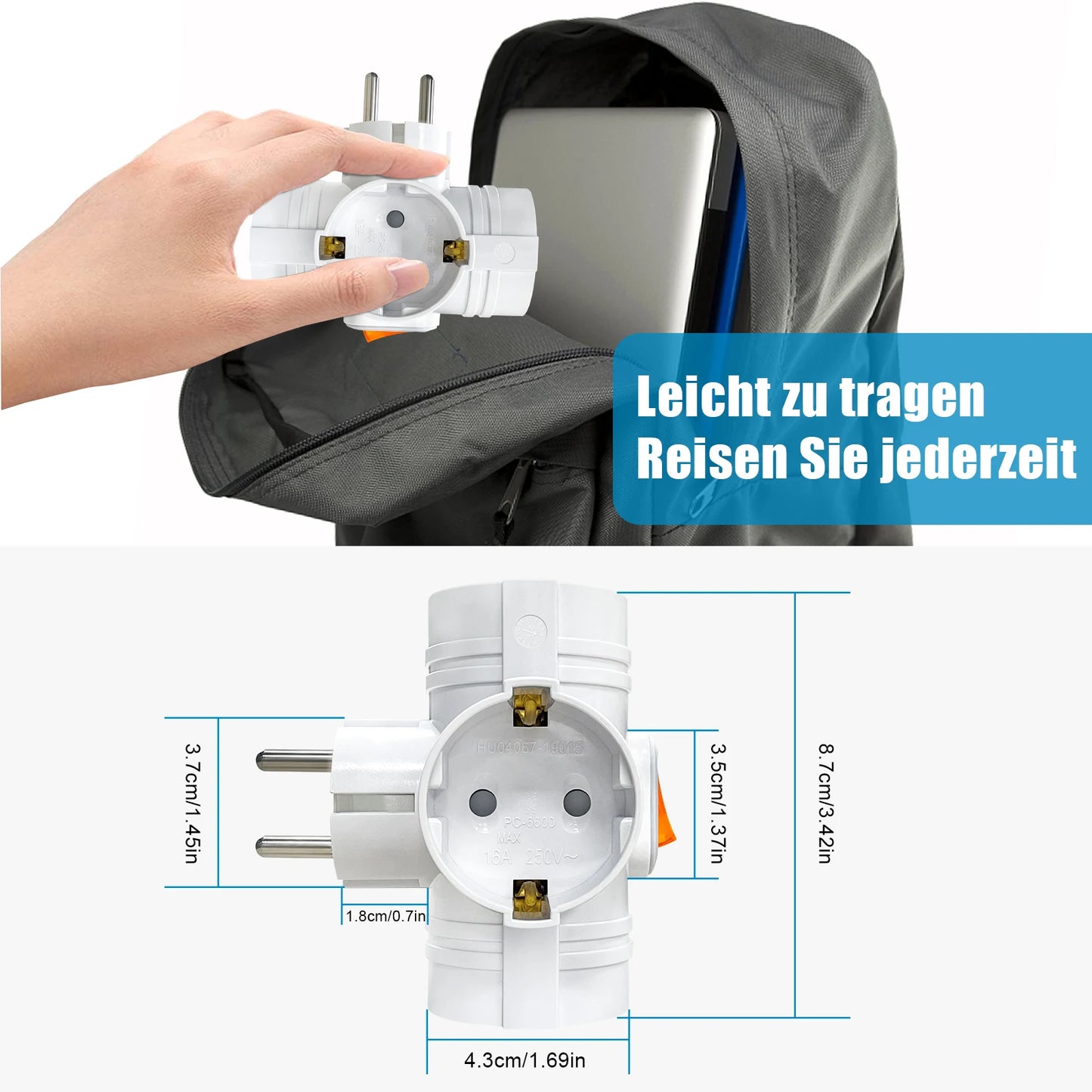 EU Converter Plug Adapter Electrical Socket With Switch German Standard 1 to 3 Way Outlets Double Plug Wall Socket Extender