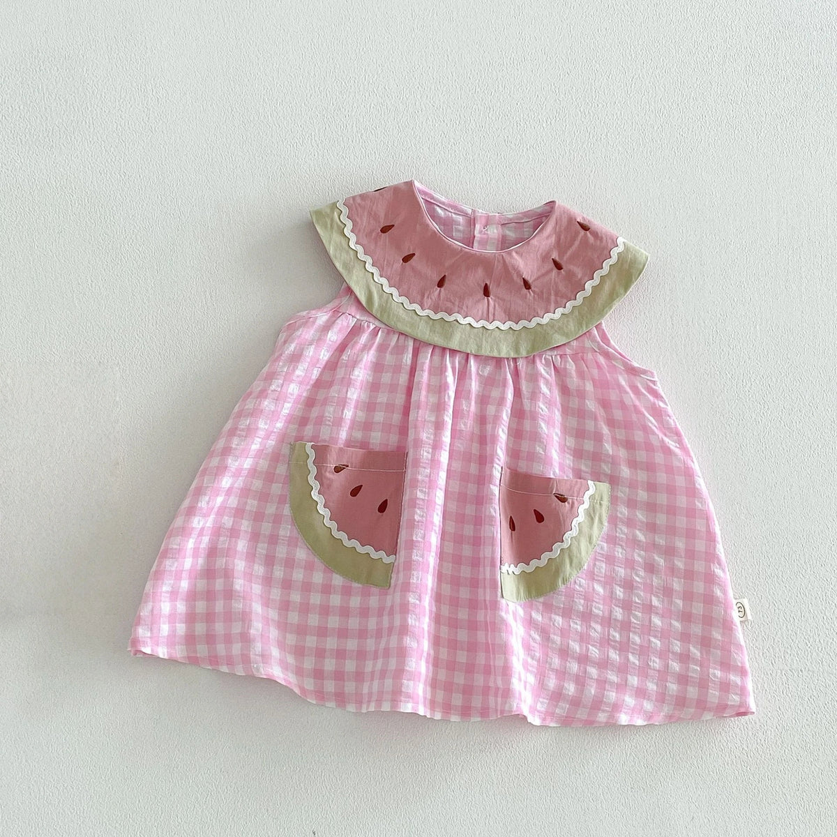 2026 Summer Childrens Clothes Watermelon Collar Baby Bodysuit with Patch Pockets Pink-white Check Girls Dress