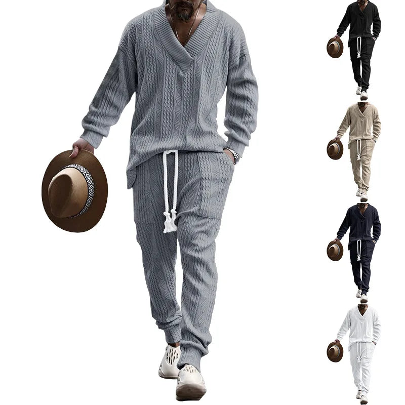 2025 Cross-border New Men's Casual Trousers V-Neck Versatile Jacquard Knitted Sweater Set