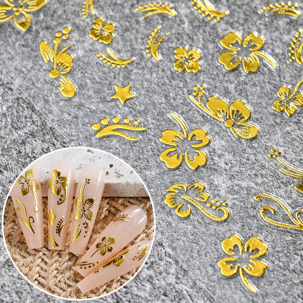 1pc 3D Hibiscus Flowers Nail Sticker White Black Flower Petals Adhesive Decals Pink Golden Floral Slider For Nail Art Decoration
