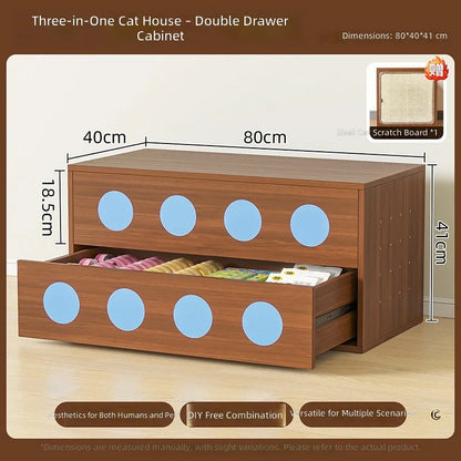 Triple-Function Cat House with Litter Box & Storage,Human-Pet Shared Furniture,Cat Tree Hut, Indoor Cat Den,Multi-Level Cat Fort