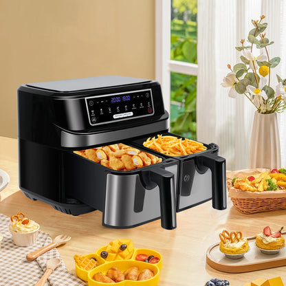 Hot Air Fryer Double Chamber 9 Litres XXL Air Fryer with 2 Independent 4.5L Drawers 8 Automatic Programmes with LED Touch Screen