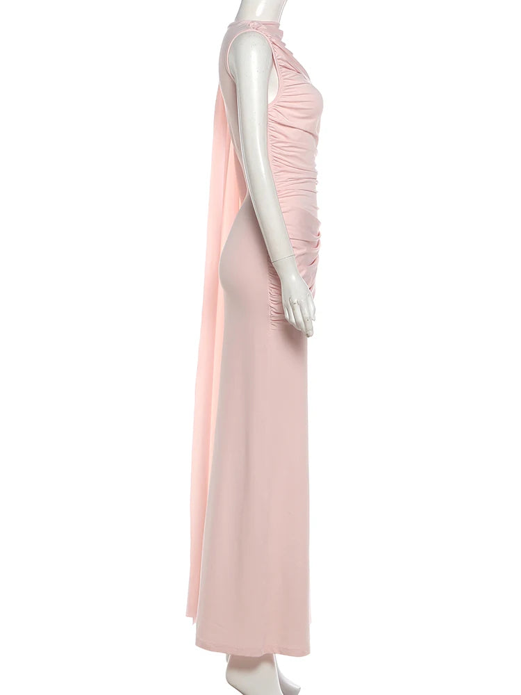 Weird Puss Elegant Party Dress Woman Ruched o-Neck Sleeveless Irregular Ribbon Metal Trim Classic Chic Birthday Banquet Vestidos