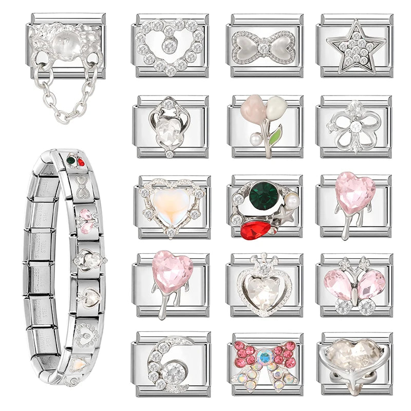 Zircon Pearl Heart Bow Candy Flower Butterfly Italian Charm Links Fit 9mm Stainless Steel Bracelet Personalized DIY Making Gifts