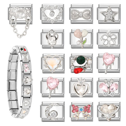 Zircon Pearl Heart Bow Candy Flower Butterfly Italian Charm Links Fit 9mm Stainless Steel Bracelet Personalized DIY Making Gifts
